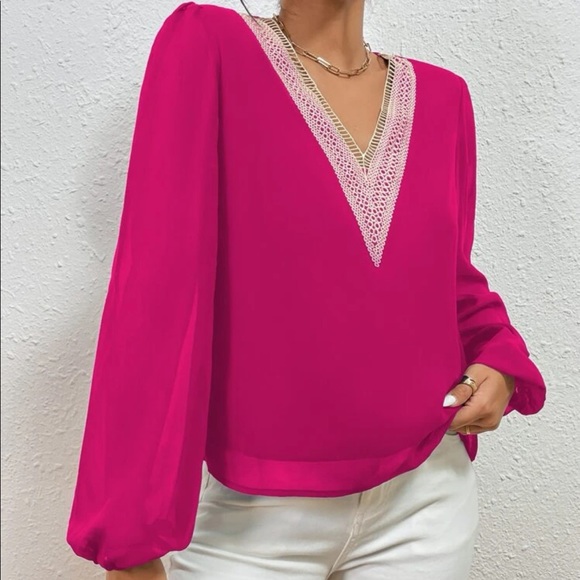 Classic navy blue  lace V neck blouse - Picture 8 of 15